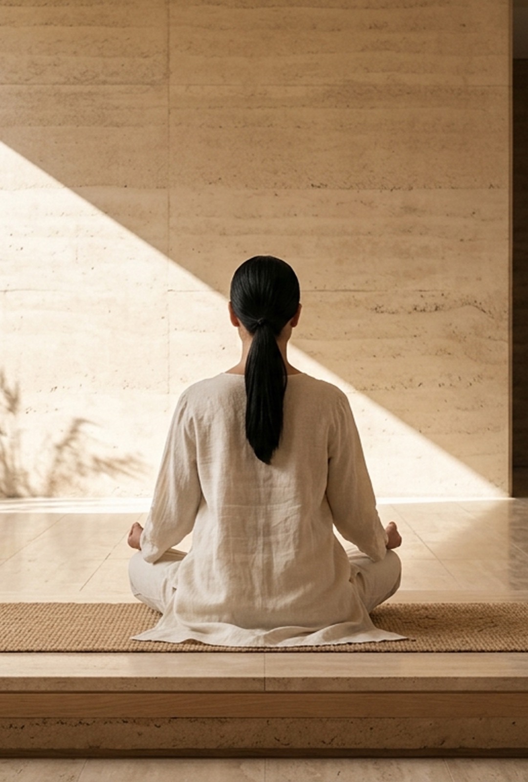 A person meditating in a calm, light-filled space
